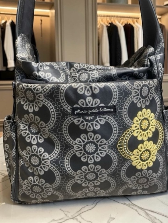 Petunia Pickle Bottom Handbags - Petunia Pickle Bottom Boxy Backpack Diaper Bag Black Gray Yellow Embroidery​​​